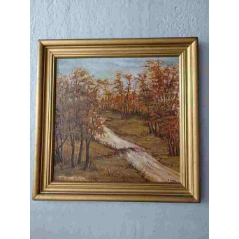  TABLOU VECHI IN ULEI PE PLACAJ LEMN. PEISAJ DE TOAMNA. SEMNAT G. SUDITU 1990. 59X60 CM