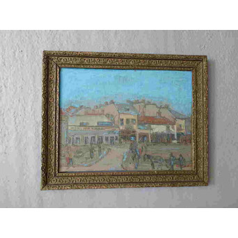  TABLOU VECHI SEMNAT.  ULEI PE LEMN - PEISAJ URBAN. 41X50 CM