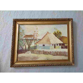  TABLOU VECHI SEMNAT IN ULEI PE PLACAJ. CASA TARANEASCA. 42X33 CM