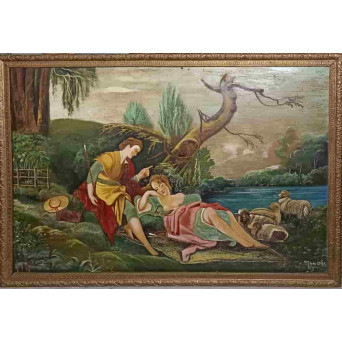 TABLOU PICTAT IN ULEI, PE PLACAJ, DOUA PERSOANE  LA MARGINE DE LAC, SEMNAT MAN. CILEX