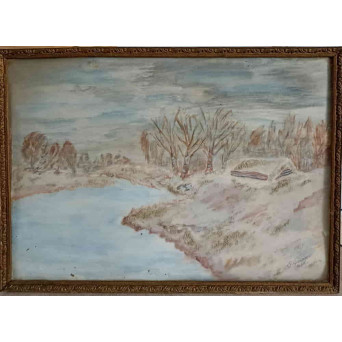 TABLOU VECHI PEISAJ, PE CARTON, SEMNAT C. PRISACARU 1985