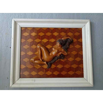 SCULPTURA  LEMN, BASORELIEF - NUD. SCULPTURA INRAMATA, TIP TABLOU. PIESA DE COLECTIE, DECOR