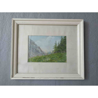 TABLOU VECHI IN ULEI. PEISAJ DE MUNTE. SEMNAT E. PANAITESCU 1967. 50X42 CM