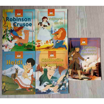 RAO JUNIOR, SET 5 CARTI POVESTI: VRAJITORUL DIN OZ, CALATORIE SPRE CENTRUL PAMANTULUI, CALATORIILE LUI GULLIVER, HEIDI, ROBINSON CRUSOE