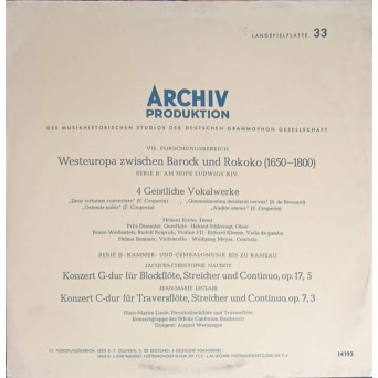 4 Geistliche Vokalwerke. Konzert G-dur Für Blockflöte, Streicher Und Continuo Op.17 Nr.5.  Konzert C-dur Für Traversflöte, Streicher Und Continuo, Op. 7 Nr.3