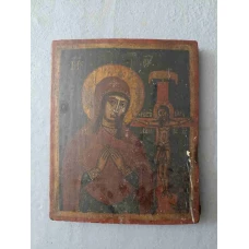  ICOANA VECHE PE LEMN. MAICA DOMNULUI CU MANTUITORUL RASTIGNIT.26X32 CM