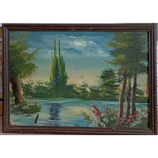 TABLOU VECHI IN ULEI, PE PLACAJ, PEISAJ DINTR-O POIENITA CU LAC, SEMNATURA INDESCIFRABILA - 1962
