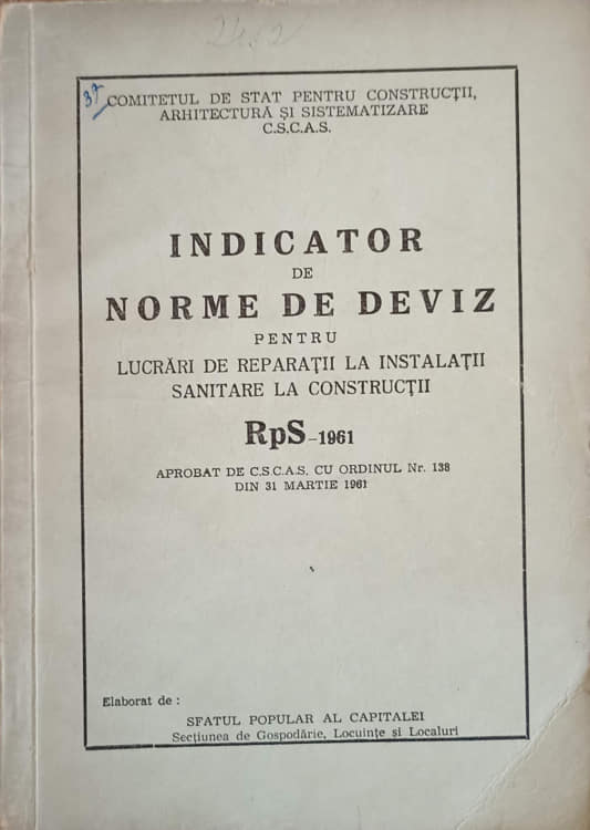 Indicator de norme de deviz pentru lucrari de instalatii sanitare la constructii rps-1961