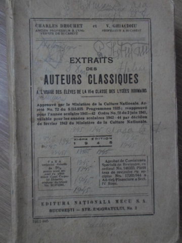 Extraits des auteurs classiques a l'usage des eleves de la vi-a classe des lycees roumains