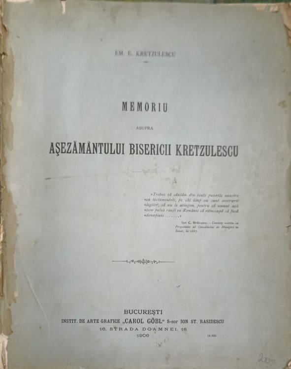 Memoriu asupra asezamantului bisericii kretzulescu