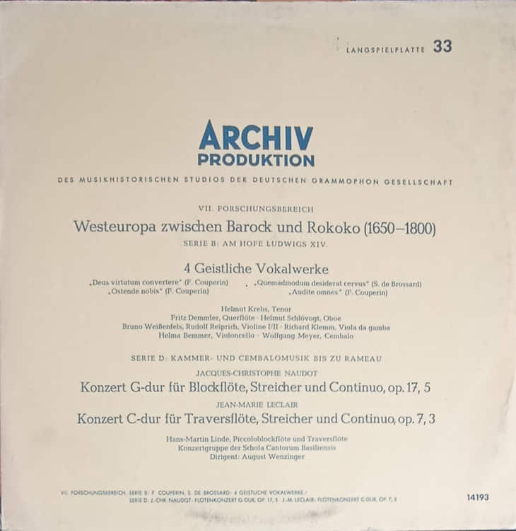 4 Geistliche Vokalwerke. Konzert G-dur F?r Blockfl?te, Streicher Und Continuo Op.17 Nr.5. Konzert C-dur F?r Traversfl?te, Streicher Und Continuo, Op. 7 Nr.3